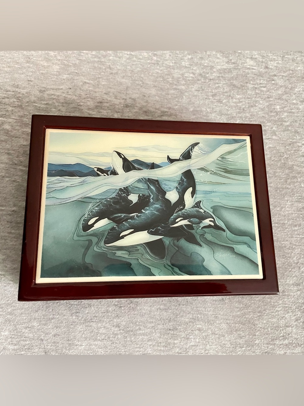 Jody Bergsma Wooden Box With Porcelain Orca Pod Tile Velvet Lined Collectible